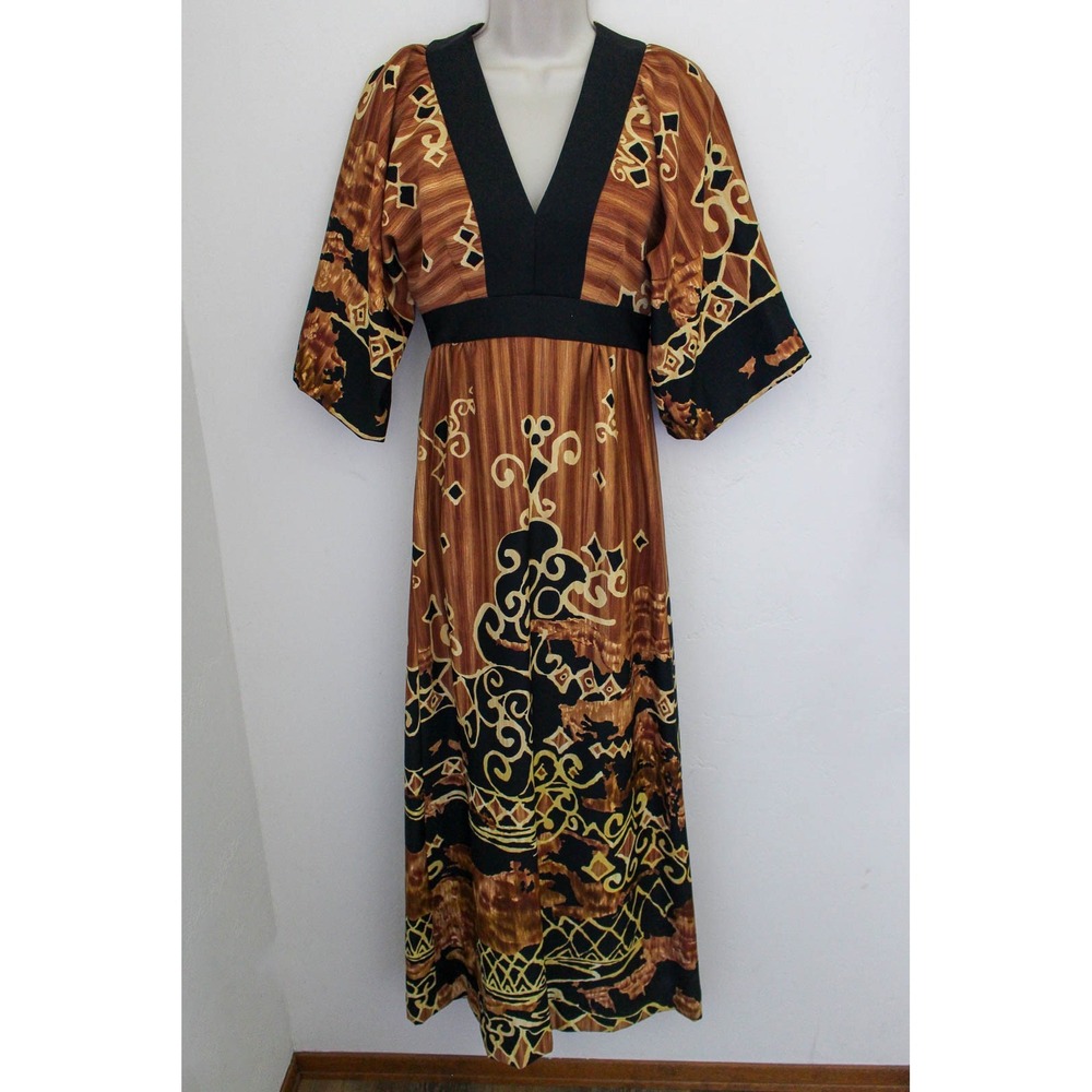 Tori Richard Liberty House Maxi Dress Size 6 Brown Batik Gown Vintage Hawaiian